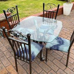 Glass top dining kitchen table and 4 chairs , grey beige mottled heavy metal , good condition ,table w 89 ,d 89 , h 75 cm