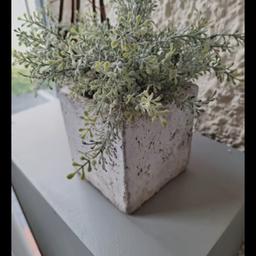 white square aged concrete pot. suitable for indoor outdoor use.  artificial plant not included.