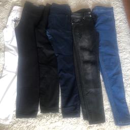6 pairs of girls / Ladies skinny jeans including 1 xJeggings
And including 1 x
Miss Sixty designer white with jewel design pocket .
Plus 1x ripped jewel patch jean in Black Denim 
