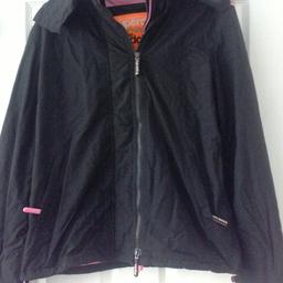 womens Superdry coat with hood excellent condition,Black with pink lining,size XL