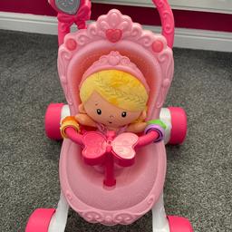Never been played with so in excellent condition. Fisher price princess pushchair & doll that rattles. Suits a toddler.
