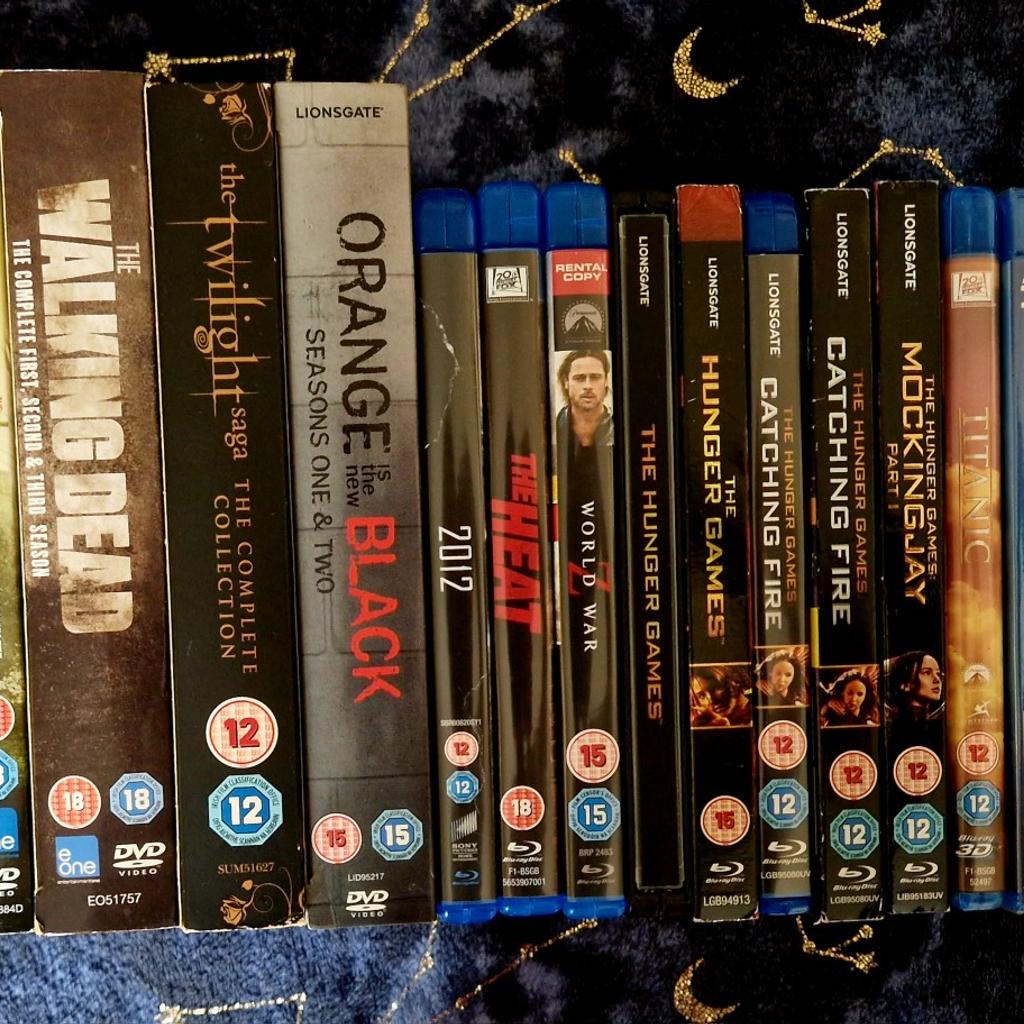 DVD and Bluray collection. Varies in viewing from innocent animated Disney films, all the way through to the gory horror boxset that is, 'AMC's The Walking Dead'. Contains a steel book in the Hunger Games series and the live action Beauty and the Beast is a 3D Bluray. There's hours of entertainment here for the right person. Thank you for looking!