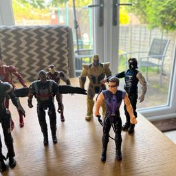 2x lron man, winter soldier, thanos, war machine, hawk eye, falcon good condition some wear on some figures but still playable condition 