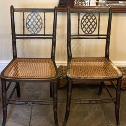 A beautiful pair of Caned seat arts & crafts chairs in lovely condition ..

A beautiful pair of caned seat arts & crafts chairs
. A really very charming and pretty pair of antique chairs with caned seats.
These are very unusual, beautifully shaped with painted backrest , very ornate and elegant
Viewing welcome