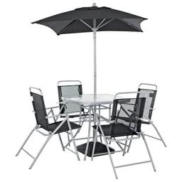 Brand new in box 

Parasol base not included.

Parasol included.
General features:

Set seats 4 people .
Set made from steel and fabric.
Total weight 28.7kg.
Garden table features:

Glass table top.
Table size: H71, W80, L80cm.
Removable legs for storage.
Chair features:

Chair seat and back made from textilene.
Size H88, W53, D67cm.
Seat height 43cm.
Seating area size W 67, D53.5cm.
Folding chairs.
110kg maximum user weight per chair.
Parasol features:

Black steel parasol.
Size H2.04m, W1.3m.
Parasol hole in table diameter 3.2cm.
Air vents for added stability.
Packaging information:

Package 1 size H108, W84, D15cm.
Package 1 weight 19.5kg.
Package 2 size H5, W82, D82cm.
Package 2 weight 11.8kg.  See less