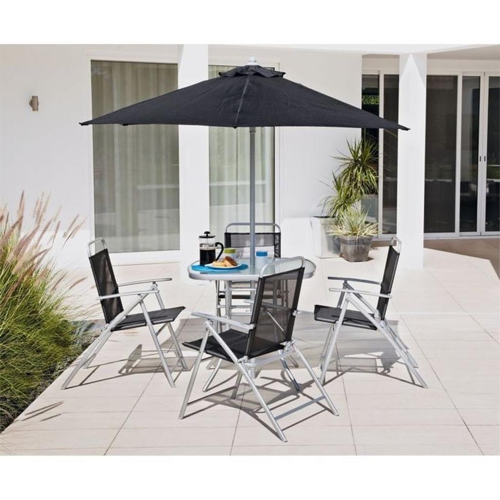 Brand new in box

Parasol base not included.

Parasol included.
General features:

Set seats 4 people .
Set made from steel and fabric.
Total weight 28.7kg.
Garden table features:

Glass table top.
Table size: H71, W80, L80cm.
Removable legs for storage.
Chair features:

Chair seat and back made from textilene.
Size H88, W53, D67cm.
Seat height 43cm.
Seating area size W 67, D53.5cm.
Folding chairs.
110kg maximum user weight per chair.
Parasol features:

Black steel parasol.
Size H2.04m, W1.3m.
Parasol hole in table diameter 3.2cm.
Air vents for added stability.
Packaging information:

Package 1 size H108, W84, D15cm.
Package 1 weight 19.5kg.
Package 2 size H5, W82, D82cm.
Package 2 weight 11.8kg. See less