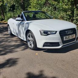 Audi A5 S Line Special Edition 2.0 TDI Convertible White with full black leather S line logo on front seats , Xenon headlights , L.E.D drl Lights , 19 inch S Line Alloy Wheels , 76816 miles on clock , M.O.T till 30th June 2024 , part service history at Audi dealership, part at local garage, Multifunction steeringwheel , sat nav , Bluetooth hands free + music , USB, Bang & Olufsen speakers , DAB radio , 2 SD card slots , front & rear parking sensors with display, Heated front seats, Heated neck warmer on front seats, USB in glove box, space saver spare wheel with tool kit and locking nut , Electric lumbar support , dual zone climate control , electric hand brake, stop , Traction control , 6 speed manual , cruise control , 1 previous owner , great reliable car selling duo to not being ULEZ compliant, mileage may go up as still using car.