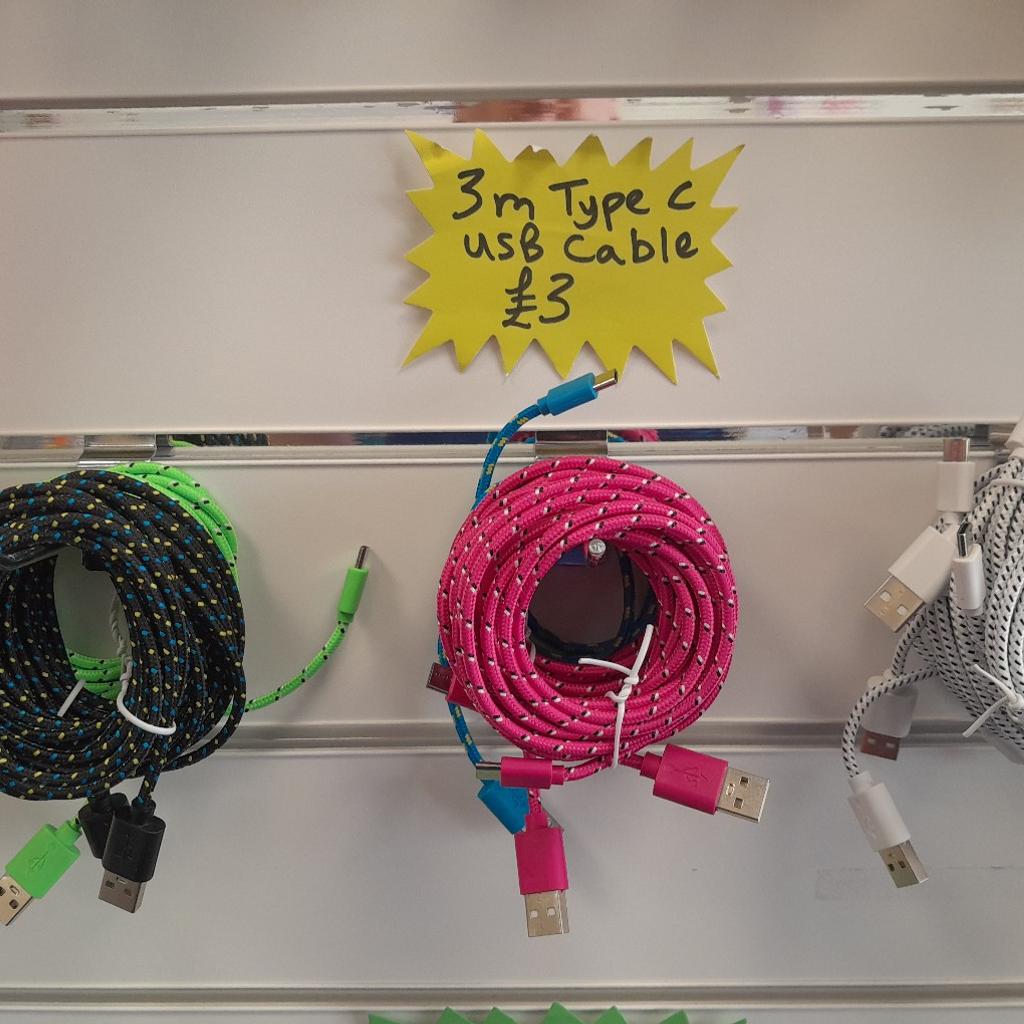 3m braided usb charging cables. available in various colours for iPhone, Samsung, Android and Type C.

collection in jb bargains unit 21 arndale Accrington bb5 1ex.

please see my other items.