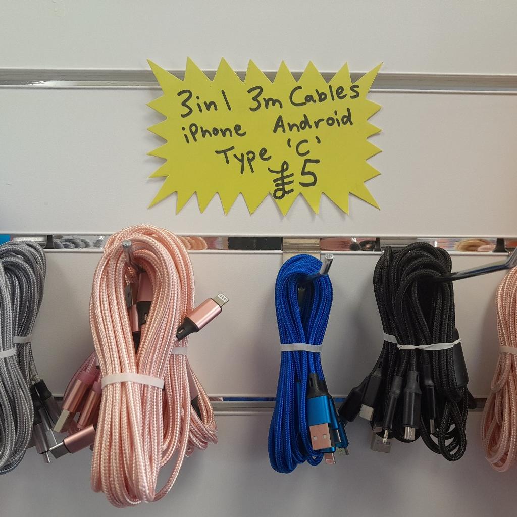 3 in 1 charging cables. iphone, type c and android. available in 1m and 3m lengths.

1m £3. 3m £5.

collection in jb bargains unit 21 arndale Accrington bb5 1ex.

please see my other items.