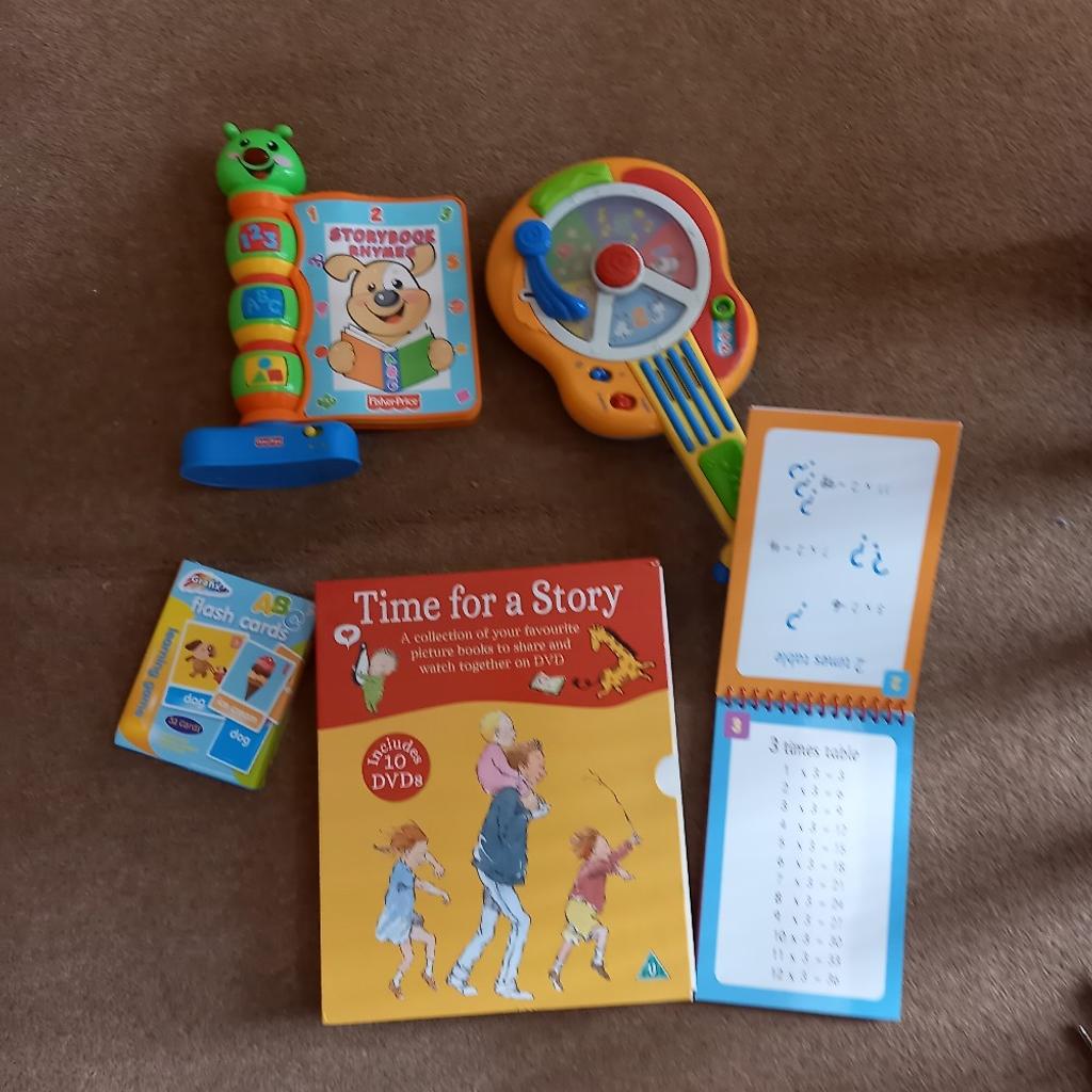 Come and grab this Toy Bundle as follows:

* Learn Times Tables Flashoad.

* Fisher Price Story Book Rhymes . This item plays tunes whilst playing nursery rhymes.

* The toys come from a smoke and pet free home.

Leapfrog Guitar. This item plays lots of musical tunes to sing along too.

Flash Cards - Great for problem Solving, Alphabet Learning and Letters and Colours.

Book a with DVD's. Ten books with DVD.

Great deal and come from a smoke and pet free home.