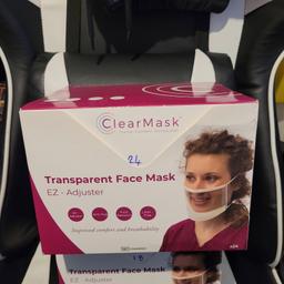 Clearmask®
Reusable - See Through mask Good for Lip Reading, Children, Elderly, Facial Expression.

This is a box of 24 brand new Clearmask® Transparent Face mask's the box is in ok condition these things are expensive we originally got these for the covid situation as my brother is deaf and lip reads we got 2 boxes but still have a full box and lots left in the other as they are quite long lasting so didnt need them all.. they are over £100 at amazon so for £10 is a bargain.