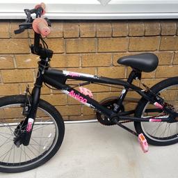 In good condition, some sign of wear.

Brand: Avigo
Model Name: Spin Bmx Girls Bike
BMX21SPT
Colour: Black
 This bike has been used and it is in need of servicing.   Small frame size, appropriate for a junior girl.

Collection from London E8 area.
