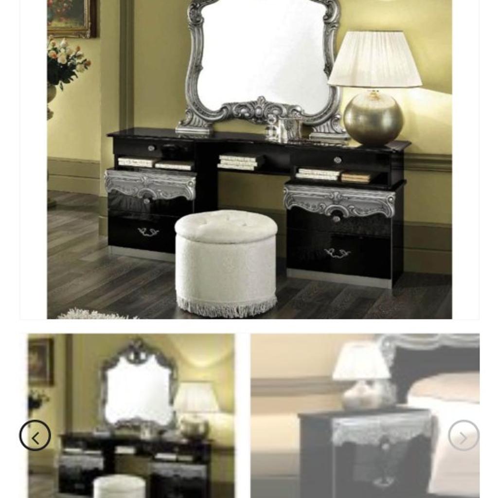 bed
mirror
 dressing table
( same as in pic with Italian dressing table) stool
X2 bed side tables
need gone asap as had new set
bed frame is super king size lovely set just changed to cream amoire