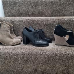 1. Beige/brown cowboy boots from Next, real suede. £10
2. Geox Black ankle boots, block heel shoes. Real leather. Heel approximately 6-7cm. £20
3. Clarks real suede, platform shoes, open toe. £20
Altogether £45.

Can deliver if local.
Collection or postage available.