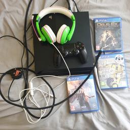 Sony ps4 gaming console
500gb model
with power cable and hdmi cable
3 games
1x wireless controller
headset with built in mic
2nd controller available in full price only

been factory reset ready to go
just plug into your TV, set up WiFi and play

£200