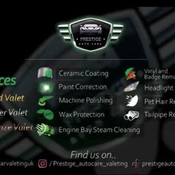 🥉Bronze Valets 
🥈 Silver Valets 
🥇Gold Valets 
✅ Paint Correction
✅ Wax Protection 
✅ Machine Polishing 
✅ Headlight Restoration
✅ Tailpipe Restoration
✅ Ceramic Coating 
✅ Vinyl And Badge Removal 
✅ Pet Hair Removal 
✅ Engine Bay Steam Cleaning
🏠 Fully Insured Mobile Service

📧 Message us for further information 
📞 07342 747268
💻 https://prestigeautocarevaleting.co.uk