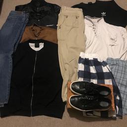 Men’s bomber jackets from brands like primark and boohooMAN. Adidas jumper, long sleeve polo top 2 ripped jeans and a pair of size 9 leather black BCK&HRSY shoes light use only worn couple of times