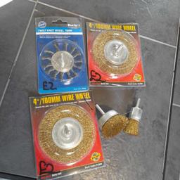 ■ PRICE: £15 (TOTAL)

■ CONDITION: BRAND NEW
▪ Never used, marks on packaging

■ INFO:
▪ Incudes everything in the picture. 5 wire wheel brushes altogether, with 3 still in sealed packaging
▪ I think they fit onto a drill, unsure as to how though?
▪ I think the wire is brass plated 
▪ 4" Wire Wheel packaging says: Removes rust, paint, scale and dirt. Zinc plated arbour. Maximum 4500 RPM
▪ 75mm Twist Knot Wheel packaging says: Good for cleaning + stripping large metal areas. Used for stripping paint from porous surfaces
▪ Length of end bits: approx 3cm, although for the small wire brush it's approx 2cm
▪ Prices wrote on the packaging was done by my dad, by mistake. The wire wheels were bought for a total of £20+

---

Cash on collection only - M34 5PZ (Manchester)

---

Tags: manchester Gorton Ashton Denton Openshaw Droylsden Audenshaw hyde tameside drill steel brush angle grinder drill brush cleaning stripping surfaces sanding paint painting rpm rust decorating hand tool diy hand tools