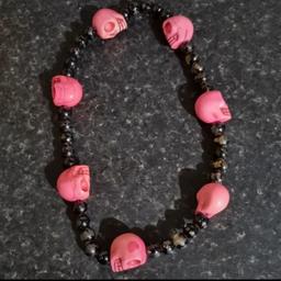 Handmade Black And Pink Skull Bead Necklace - worn lots so some of the colour is wearing off the beads
