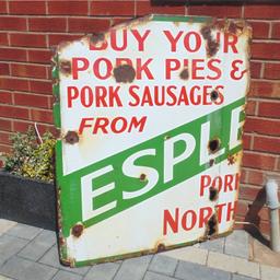Here we have a large enamel advertising sign'Esple' possibly 'Espley butchers' as the edge is missing.In good condition with age related wear and tear as shown in attached pictures. Ref.  (#1067)

  Height........ approx  36 inch / 91 cm
  Length........  approx  29  inch / 74 cm 

Pick up only, Dy4 area. Cash on collection.