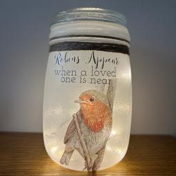 New 
Handmade, hand painted & decoupaged 
Glass light up Christmas Robin
With 20 battery operated string fairy lights 
With quotation :
“Robins appear when a loved one is near”
Listed on multiple sites 
Handmade