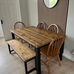 Rustic dining table and bench. Reclaimed wood top finished with clear varnish with very heavy duty steel base painted black. Please note this is UK handmade. No assembly required. Table Measurements - 150cm x 88cm x 74cm high. Bench measurements - 120cm x 32cm deep x 44cm tall to fit snug under the table. If you require a different size or an extra bench please message. I have other matching items for sale too. Price is for collection only, delivery available at an extra cost. If you would like to see our items and feedback on eBay our username is Industrial81. Contact Ricky on 07921 568005
www.industrial81.co.uk