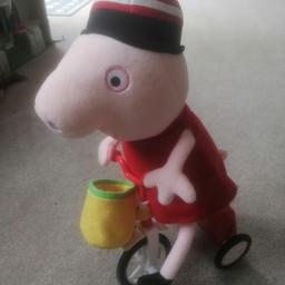 Peppa Pig Cycling Toy

Peppa Pig cycles around playing music and talking

Needs new batteries

Has a few marks on face as shown in pics (probably come off if cleaned) doesn't effect use

Collection Chelmsford or can post if postage paid