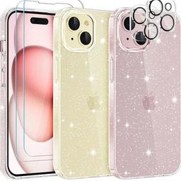 Glitter Clear Case Compatible with iPhone 15 Plus with 2 Pack Screen Protector with 2 Pack Camera Lens Protector, Soft TPU Bumper Anti-Scratch Shockproof Transparent Sparkly for iPhone 15 Plus