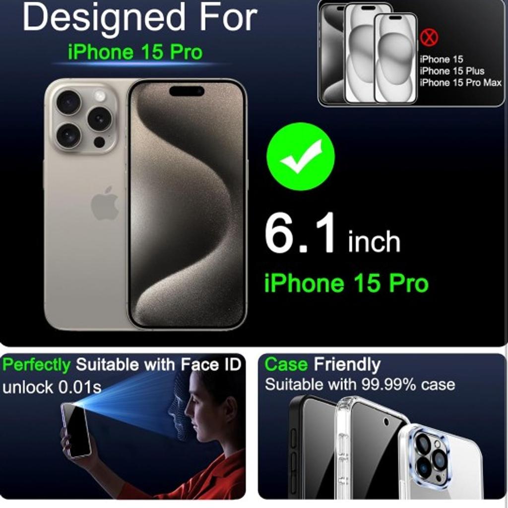 4 Pack Privacy Screen Protector for iPhone 15 Pro Tempered Glass with 4 Pack Camera Lens Protector, Accessories 9H Anti Spy for Apple 15 Pro, 2.5D Curved, Case Friendly, Transparent