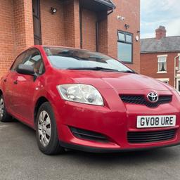Toyota Auris T2 (2008) 1.4 VVT-i T2 Hatchback 5dr Petrol Manual. Red. 3 owners. MOT valid until 23 March 2024. Runs well however, paintwork has defects and paint peeling in some areas. Interior is okay for the age of the car, no major tears etc. Has A/C, front electric windows and CD/Radio player. Perfect for first time driver. Mileage is around 82300. Car has been serviced yearly but no service history book is present.