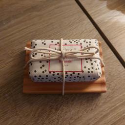 brand new wooden soap dish with bar of soap