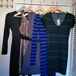 A bundle of 5 different dresses!!

Forever 21, short leg, v-neck, hunter green and black striped, body fitting, dress. Size: S. Brand new!!

Forever 21, long sleeve, blue/black striped, body fitting dress. Size: S.

Grey, sleeveless, pleated, knee length, dress. Size: 8.

Black, sleeveless, zip dress, covered in gold sequins at the front. Size: 10. 

H&M, black, long sleeve, body fitting, dress. Size: S.

NOTICE: ALL OF THESE DRESSES REMAIN IN A GREAT LOOKING AND WEARABLE CONDITION!!