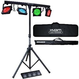 KAM Parbar Portable all-in-one DMX LED lighting system
Each lamp has 108 x 10mm RGB LEDs
Individual tilt and swivel for each lamp
LED lamps are only 43mm in depth
Tough all-metal chassis
T-bar incorporates built-in LED controller
XLR DMX in and out
Power consumption 50W
2 pedal foot controller
DMX Controller with 10 optional programs including sound to light function