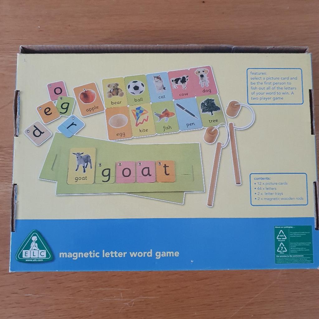 ELC magnetic word game
12picture cards,44 letters and 2 magnetic wooden rods new never used slight damage to box