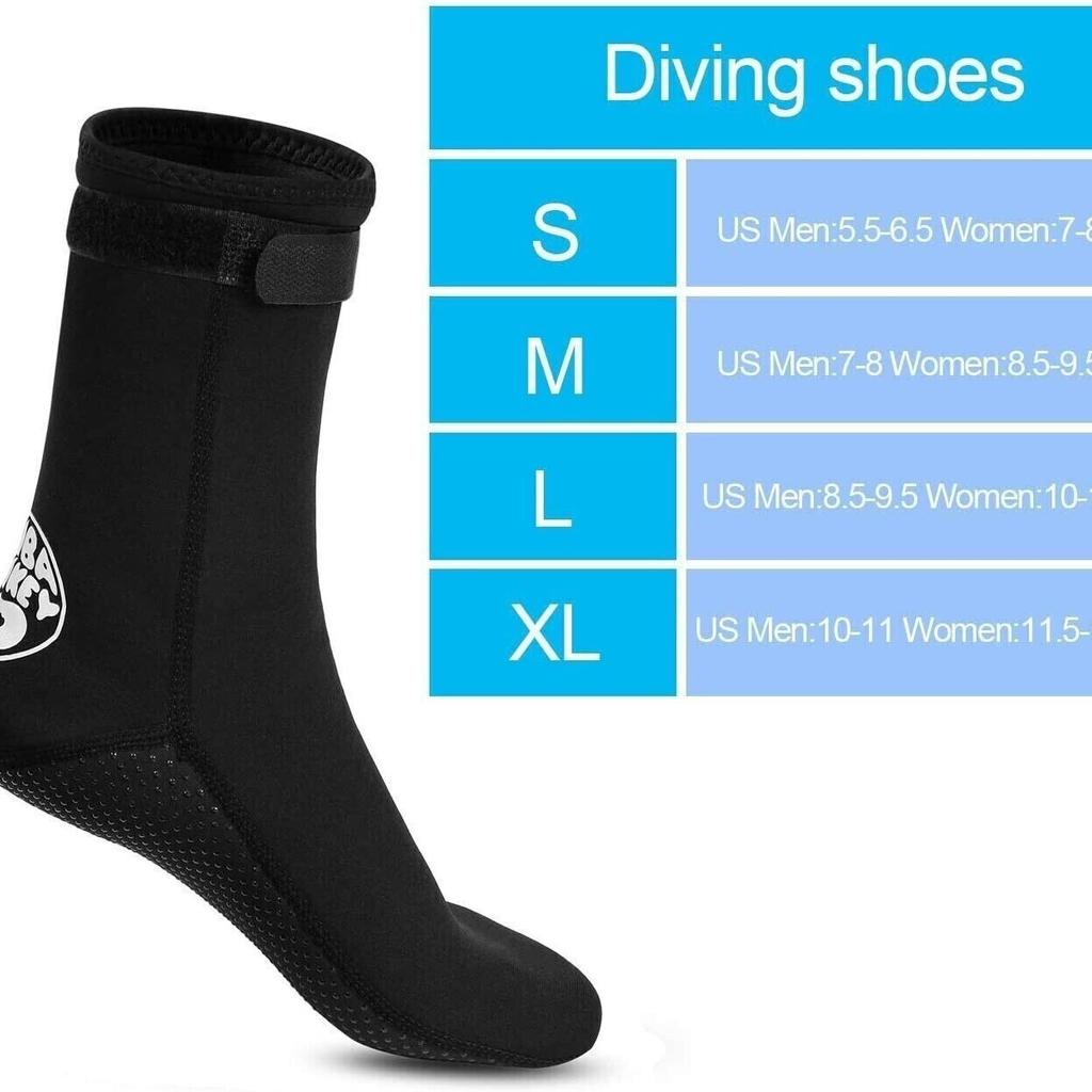 High Quality 3mm Neoprene Premium water shoes/Socks with Anti-slipping Rubber Soles, you have less restrictions and less foot fatigue during water sports.
All seams of our diving socks were glued and blind stitched. That is more complicated than general sewing, which can lessen water leakage, maintain better thermal insulation and enhance their durability.
Sticky Wide Type for easily buckle for waterproof diving, helping you adjust the water boots easily protect your feet from hurt by rocks or other sharp objects and keep warm while underwater.
Our wetsuit sox wonderful for beach volleyball, beach soccer, Snorkeling, Swimming, Surfing, Sailing, boating, Kayaking, Diving.
NOTE: Water Sock are designed to keep your feet warm, not dry, when they are used in, on, or around water.