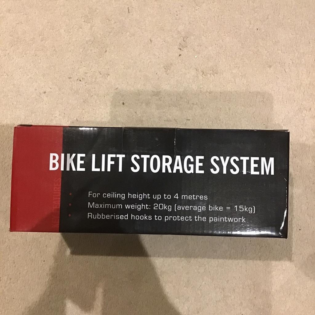 Bike lift storage system
Maximum weight 20kg, average bike is 15kg
Brand new still in box
Cash on collection please, no offers, collection from IG7 5HA