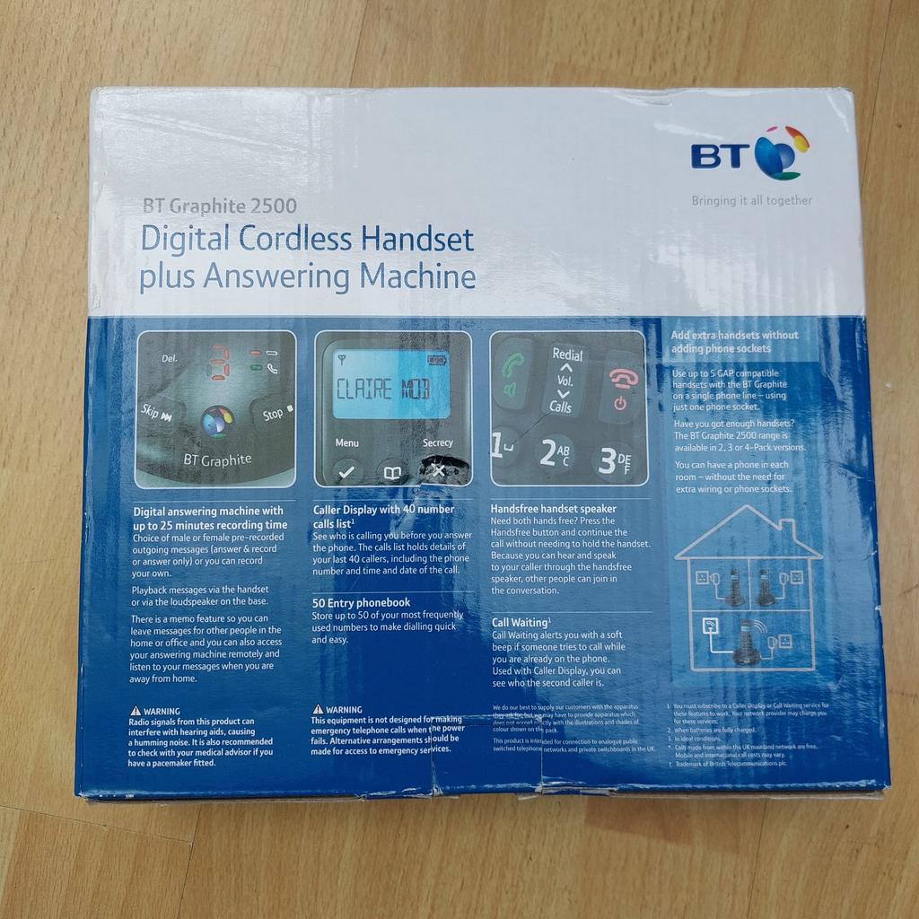 BT Graphite 2500 Digital Cordless Telephone Answering machine

Collection from Wolverhampton or delivery can be arranged for petrol cost