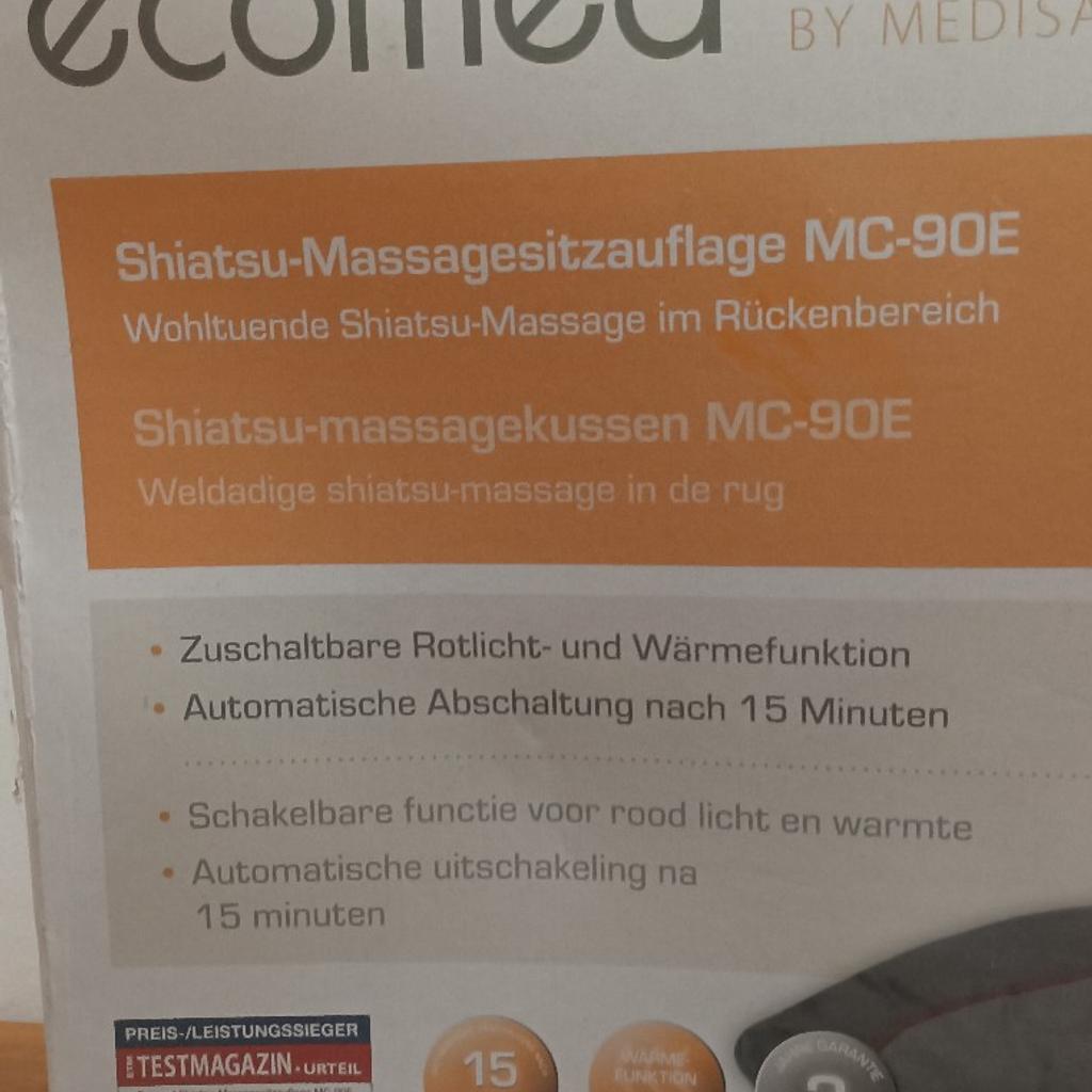 Marke: Ecomed shiatsu Massagesitzauflage MC 90E

mit wärmefunktion
Neupreis über 90 Euro.

2 mal in Gebrauch gewesen,
liegt leider nur um.
