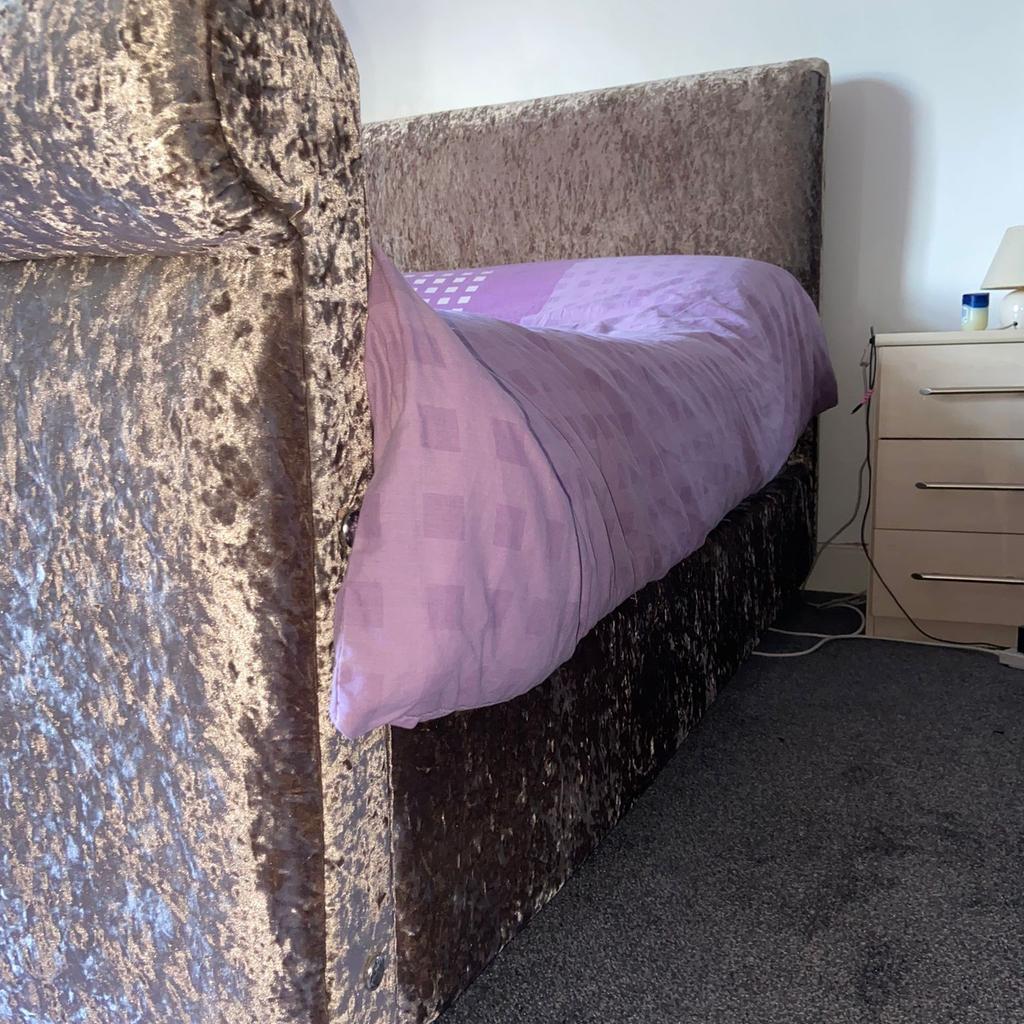 crushed velvet double bed beige coloured with mattress, its less than 2 years. no damage or any mark if anyone interested please text back cash and collection please from Bradford BD3. cash only