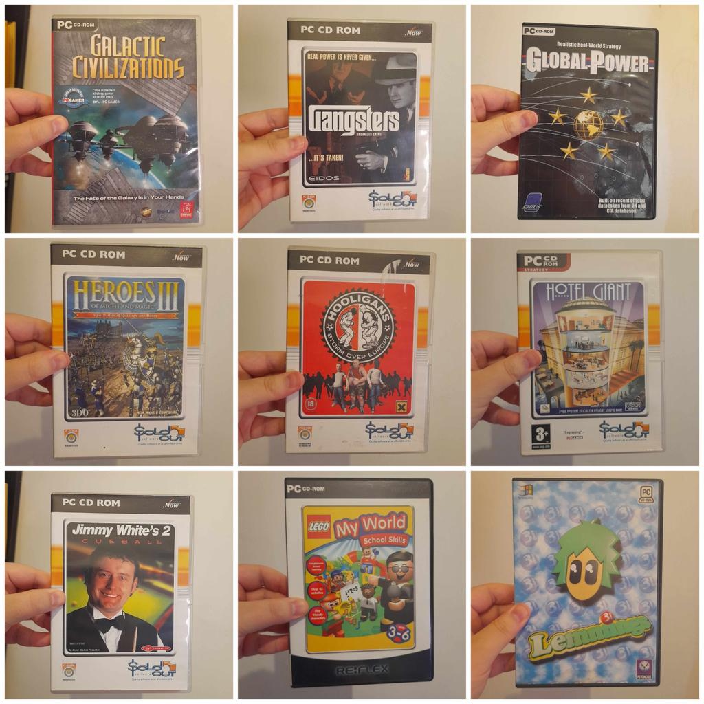 ■ PRICE: Prices vary, but most will be around £3-£5. However, there will be some slightly higher [depends on the game]

■ INFO:
▪ Most of these games came out late 90s/early 2000s, so I doubt they'll work on modern PC systems [like Windows 7 or Windows 10], unless you know how to make them work on them systems?
▪ If you have an old computer/laptop with Windows 98/2000/ME or Vista for example, then most will probably work
▪︎ Due to the above, you buy at your own risk, in terms of them working on your computer operating system
▪ Let me know which game[s] you want

■ IMPORTANT:
▪︎ Due to being 'used', game disc and/or case may have some damage, marks or scratches
▪ Selling as moving house/downsizing
▪ Cash on collection [M34 5PZ] is preferred, but postage is also available

---

Tags: manchester Audenshaw Openshaw tameside denton gorton vintage games gaming pc games computer games cd-rom nostalgia tycoon shooter sim city RPG windows 98 windows vista windows ME video games strategy games