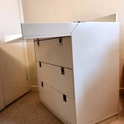 A White Chest Of 3 Drawers With Opening Flap for Changing the Baby. Excellent condition. Bought from John Lewis. Measurements:
 Hight: 91cm Length: 80cm
Depth: 40cm