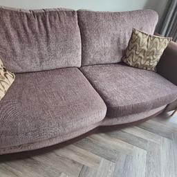2 seat dfs fabric sofa. comes with x2 cushions.
removable seat and back cushions.
minimal signs of wear
brown wooden legs
approximate measurements:
depth - 38"
width- 82"