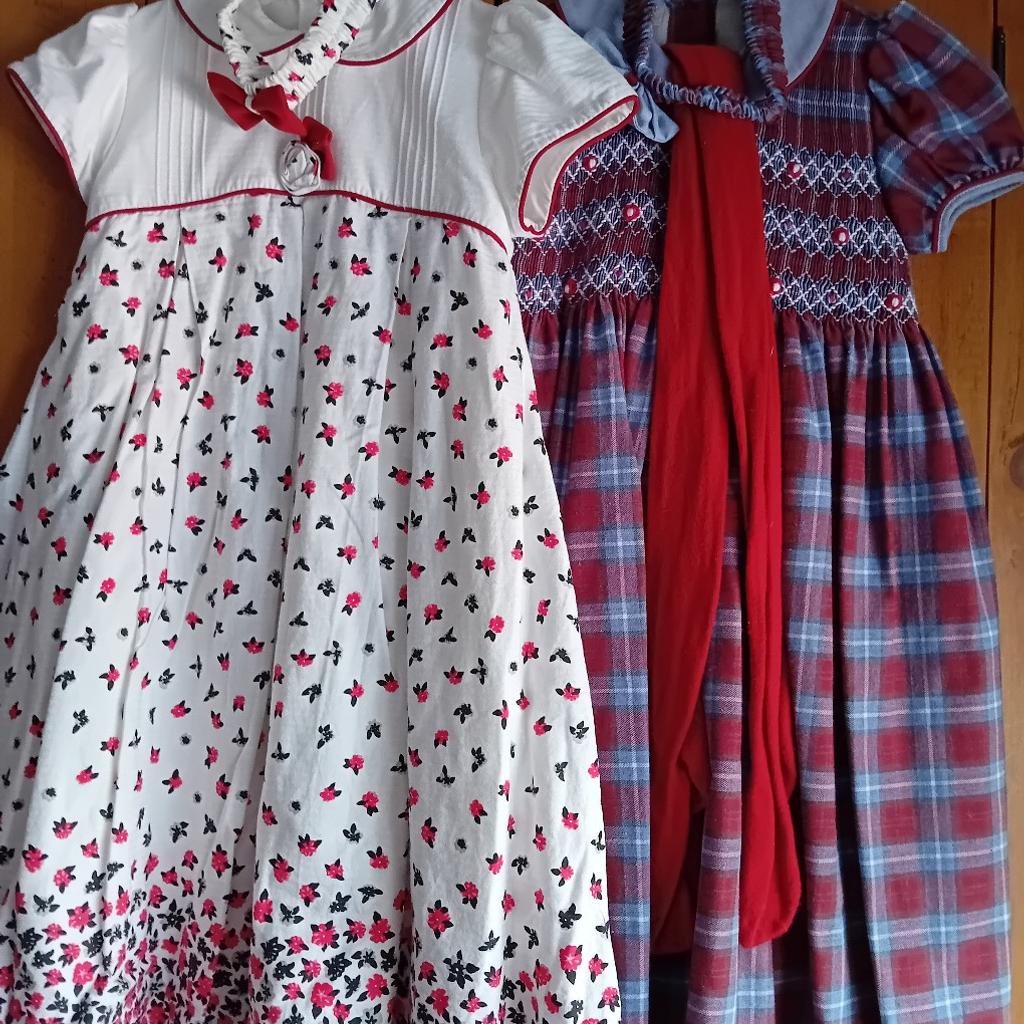 2 pretty Originals girls dresses 1 cream with red/black details +headband & 1 burgundy red & denim colour with red tights + headband size 5years
