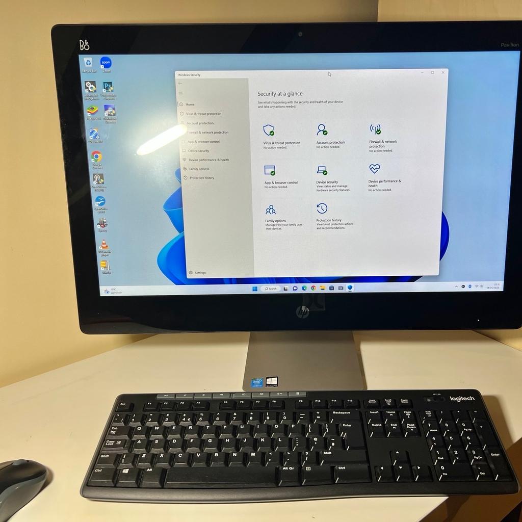 This was £1200 when New

Complete All in one Pc - with Wireless keyboard and mouse
Ultra Fast
HP Pavilion HD All in One Pc
27inch Screen -excellent picture quality
Intel Core i3-4170T @ 3.20Ghz x 4 Threads
Intel HD 4400 Graphics
Excellent sound -
Built in Speakers
Excellent sound -
Bang & Olufsen Audio speaker system
256GB SSD- up to 20 x Faster Than Standard Hard-drives -No Lag Or No Slowing Down
Massive 8GB Ram
Latest version-
Genuine Windows 11 64bit -setup for easy use
Super Multi DVD Double layer
WiFi
Webcam
Bluetooth
HDMI Port
4 x USB Ports
Lan Port
card reader
Headphone port
Fan cleaned and processor heatsinked
Comes with lead
It's quiet and very clean
Many programs installed including office photoshop,open office,Microsoft anti virus, CD burner, Bluestacks,cleaner and many more
Everything fresh installed