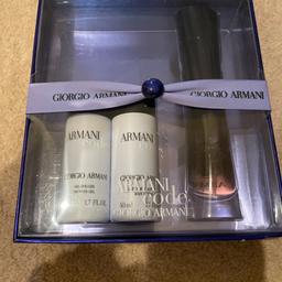 Armani code gift set. Brand new! 
Eau de parfum pour femme 50ml
Shower gel 50 ml
Body lotion 50ml
Collection preferable.