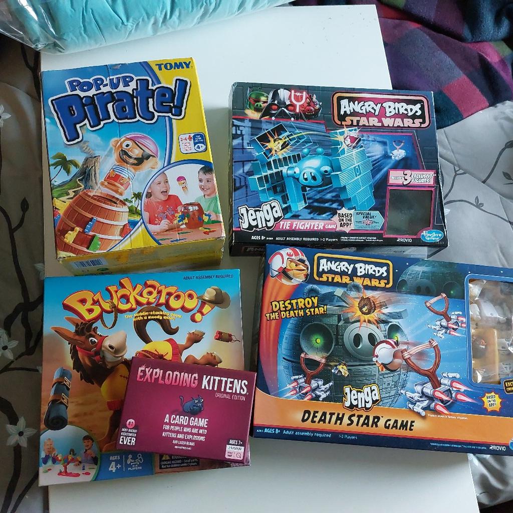 A selection of games for all the family , Pop up Pirates, Buckaroo, Exploding kittens, and 2 different Angry Birds star wars jenga games .can post but prefer collection