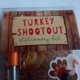 Turkey Shootout Stationery Kit

Have fun shooting the turkey erasers with the rubber band rifle.

H27cm x W10cm x D3cm

Local collection preferred from a safe spot, Tesco Express Tulketh Mill PR2 2BT. Protects both seller & buyer.  

### For sent items-Any PayPal payments; buyer pays all fees or FULL payment sent as only fair.
 
I don't do bank transfers or Western Union.

Humblest of apologies.