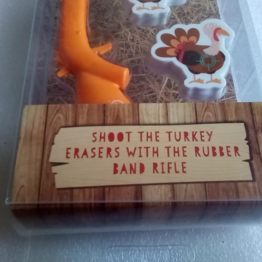Turkey Shootout Stationery Kit

Have fun shooting the turkey erasers with the rubber band rifle.

H27cm x W10cm x D3cm

Local collection preferred from a safe spot, Tesco Express Tulketh Mill PR2 2BT. Protects both seller & buyer.

### For sent items-Any PayPal payments; buyer pays all fees or FULL payment sent as only fair.

I don't do bank transfers or Western Union.

Humblest of apologies.