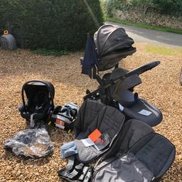 Used but still lots of life left. Obvious signs of use with the chassis (scratches). Slight fading on the canopy on the edge.

Includes:
1 x Chassis
2 x orange frames
1 x orange carrycot
2 x orange seat units
2 x orange summer seats inserts
2 x orange footmuffs
Parasol
1 x raincover
1 x cosimaxi carseat
1 x car seat isofix base
All adapters to use pushchair as a double