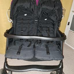 Good used condition. Well looked after and clean pushchair. All liners and accessories are all there, liners are reversible pink/blue. Raincovers probably need a wipe over as it's been stored and they are a bit dusty. Can be used for a newborn as it lies flat and both sides are individually put up and down.